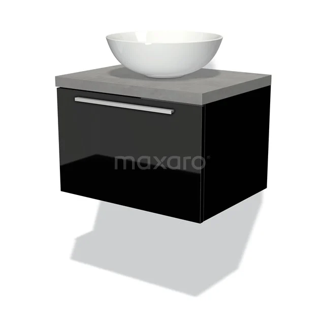 Badmöbel für Waschtischunterschrank mit Konsole 60cm Modulo Plato Hochglanz Schwarz 1 Schublade Flach Hellgrauer Beton Platte BMK11-00942 Zweites schwarzes Badezimmermöbel mit Schublade und weißem runden Aufsatzwaschbecken, ein modernes Design mit Betongrau Platte.
