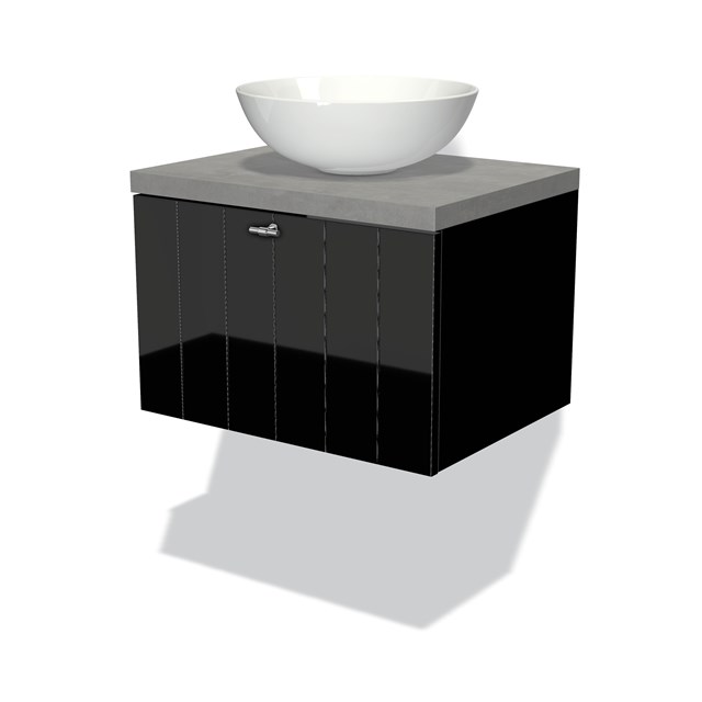 Modulo Plato Badkamermeubel voor waskom | 60 cm Hoogglans zwart Lamel front Lichtgrijs beton blad 1 lade BMK11-00943