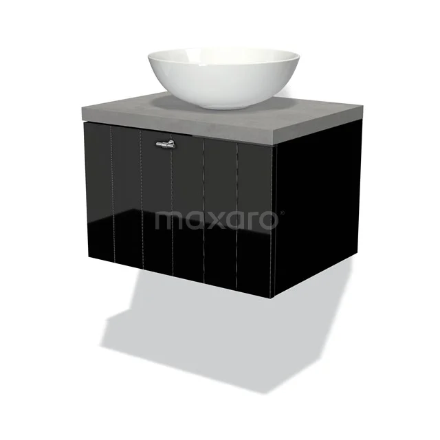 Modulo Plato Vanity units for countertop basin | 60 cm High-gloss black Slat front Light grey concrete worktop 1 drawer BMK11-00943
