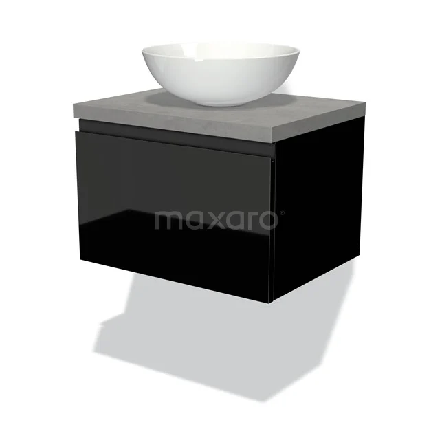 Modulo Plato Vanity units for countertop basin | 60 cm High-gloss black Handle-less front Light grey concrete worktop 1 drawer BMK11-00944