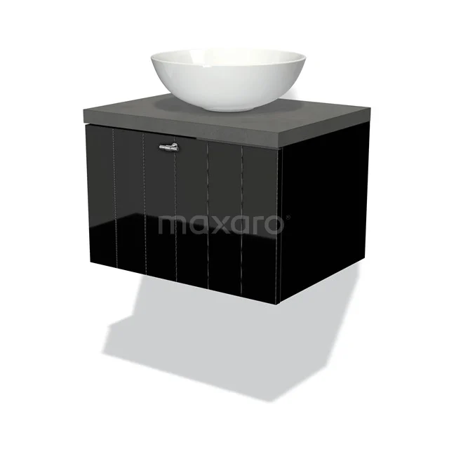 Badmöbel für Aufsatzwaschbecken 60cm Modulo Plato Hochglanz Schwarz 1 Schubladenleiste Dunkelgrau Beton Platte BMK11-00946 Schwarzes Badmöbel mit einer modernen Glasoberfläche und einem weißen runden Aufsatzwaschbecken oben drauf, ideal für stilvolle Bäder.