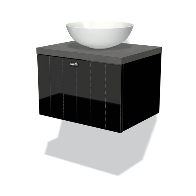 Modulo Plato Badkamermeubel voor waskom | 60 cm Hoogglans zwart Lamel front Donkergrijs beton blad 1 lade BMK11-00946
