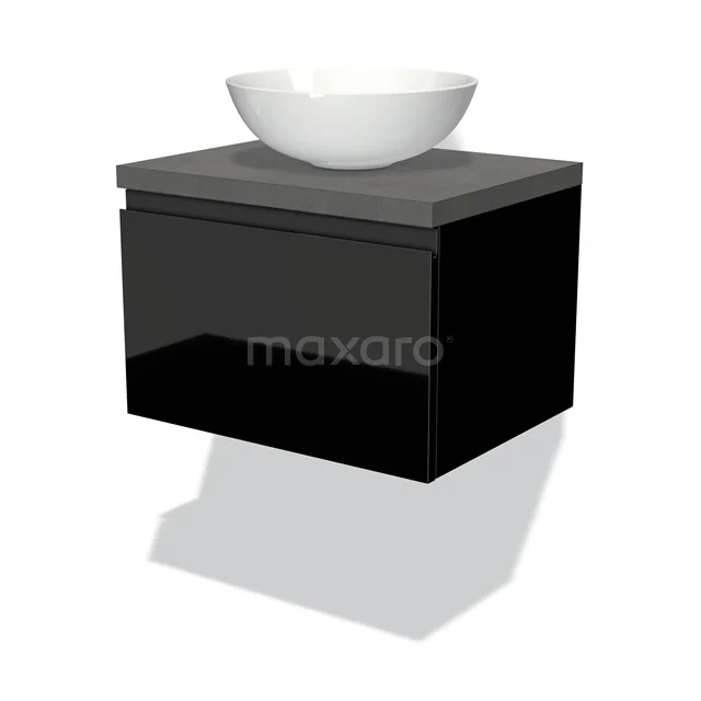 Modulo Plato Badmöbel mit Aufsatzwaschbecken | 60 cm Hochglanz Schwarz Grifflos front Dunkelgrauer Beton blatt 1 Schublade BMK11-00947 Schwarz hängendes Badmöbel mit Hochglanzoberfläche, einschließlich grauer Platte und weißem rundem Aufsatzwaschbecken, modernes Design.