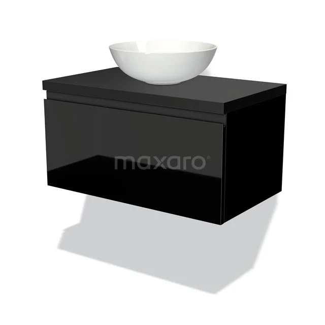 Schwarzes hängendes Badezimmermöbel mit glänzender Oberfläche, einschließlich weißem Aufsatzwaschbecken. Modernes Design für ein stilvolles Badezimmer.