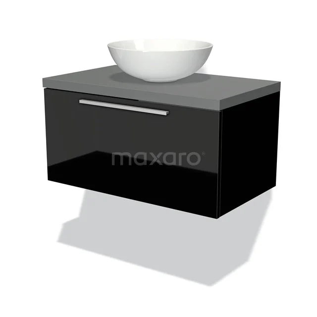 Waschtischunterschrank mit Konsole 80cm Modulo Plato Hochglanz Schwarz 1 Schublade Flach Mittelgrau Platte BMK11-00951 Matt Schwarz hängender Badschrank mit grauer Waschtischplatte und weißer komförmiger Waschbecken, modernes Design.