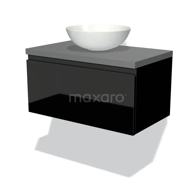 Modulo Plato Badmöbel mit Aufsatzwaschbecken | 80 cm Hochglanz Schwarz Grifflos front Mittelgrau blatt 1 Schublade BMK11-00953 Schwarzes schwebendes Waschtischmöbel mit grauer Platte und runder weißer Schüssel, ideal für moderne Badezimmergestaltung.