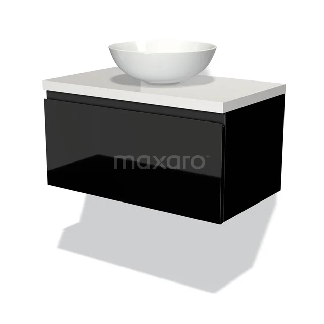 Modulo Plato Vanity units for countertop basin | 80 cm High-gloss black Handle-less front High-gloss white worktop 1 drawer BMK11-00956