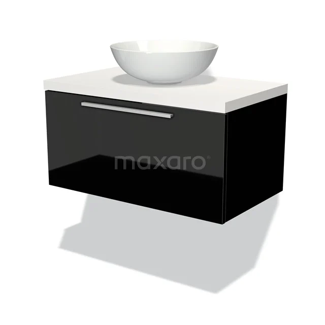 Waschtischunterschrank mit Konsole 80cm Modulo Plato Hochglanz Schwarz 1 Schublade Flach Matt Weiß Platte BMK11-00957 Schwarzes schwebendes Badezimmermöbel mit weißem runden Aufsatzwaschbecken, Hochglanzoberfläche und einer Schublade, modernes Design.