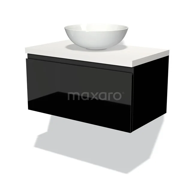 Modulo Plato Badkamermeubel voor waskom | 80 cm Hoogglans zwart Greeploos front Mat wit blad 1 lade BMK11-00959