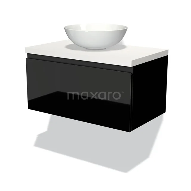 Modulo Plato Vanity units for countertop basin | 80 cm High-gloss black Handle-less front Matte white worktop 1 drawer BMK11-00959