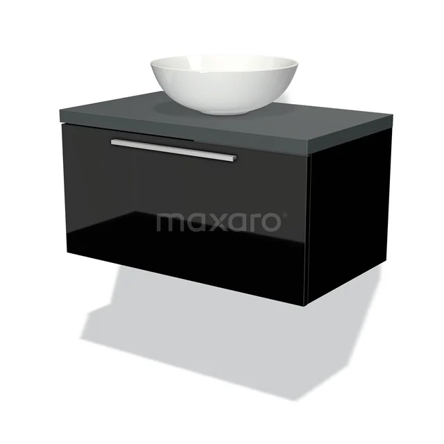 Schwarzer schwebender Badschrank mit Schublade, keramischer schalenförmiger Waschbecken und verchromtem Haltegriff.