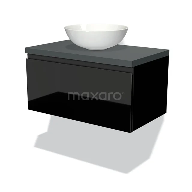 Schwarzes schwebendes Badezimmermöbel mit grauer Platte und weißem runden Aufsatzwaschbecken, modernes Design aus Hochglanzmaterial.