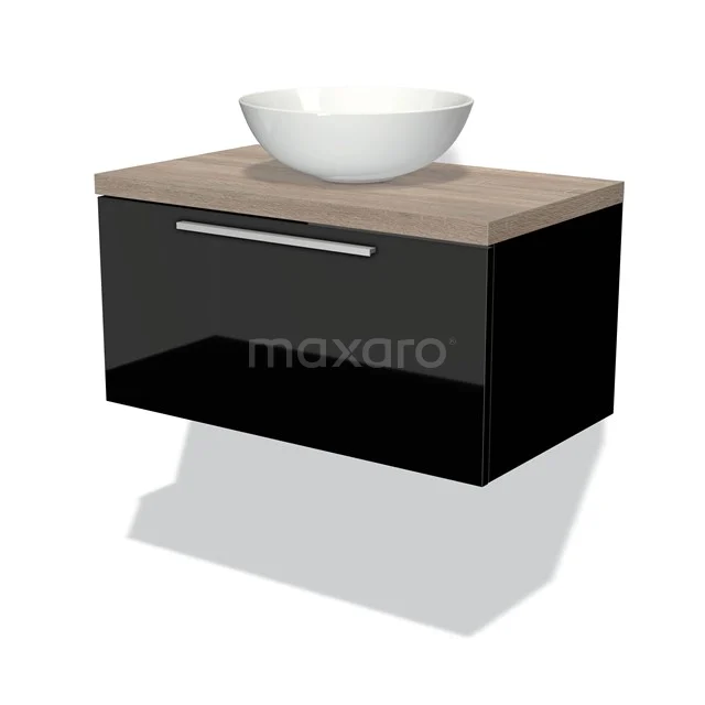 Zweckendesign Schwarz Badezimmermöbel mit Holzoptik Platte und runder Aufsatzwaschbecken, modernes Design.