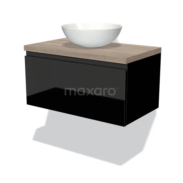 Waschtischunterschrank mit Konsole 80cm Modulo Plato Hochglanz Schwarz 1 Schublade Grifflos Eiche Platte BMK11-00965 Schwarze Badmöbelset mit Holzplatte und weißem Aufsatzwaschbecken, modernes Design, perfekt für ein stilvolles Badezimmer.