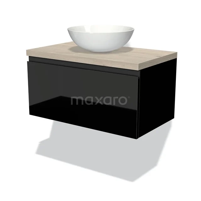 Zwevende schwarze Badmöbelset mit Holzlook Platte und weißem Aufsatzwaschbecken, modernes Design für stilvolle Badezimmergestaltung.