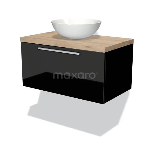 Waschtischunterschrank mit Konsole 80cm Modulo Plato Hochglanz Schwarz 1 Schublade Flach Hellbraune Eiche Platte BMK11-00969 Schwarzes Badmöbel mit Holzplatte und weißem Aufsatzwaschbecken, modernes Design und Wandmontage für stilvolle Badezimmer Einrichtung.
