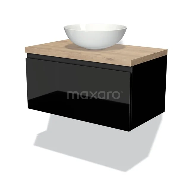 Zweiflügelige schwarze Badmöbelset mit Holzoptik Platte, einschließlich weißem keramischen Aufsatzwaschbecken für ein modernes Interieur.