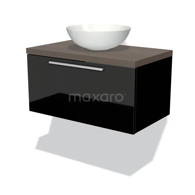 Badmöbel für Waschtischunterschrank mit Konsole 80cm Modulo Plato Hochglanz Schwarz 1 Schublade Flach Dunkelbraune Eiche Platte BMK11-00975 Schwarz schwebendes Badezimmermöbel mit Holzplatte und rundem Aufsatzwaschbecken, ideal für moderne Badezimmergestaltung.