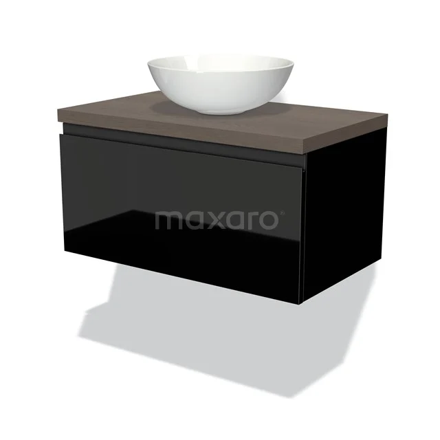 Modulo Plato Vanity units for countertop basin | 80 cm High-gloss black Handle-less front Dark brown oak worktop 1 drawer BMK11-00977