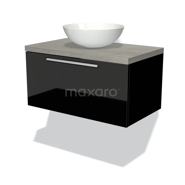 Schwarzer schwebender Badschrank mit keramischem Waschbecken, grauer Platte und chromatischem Haltegriff, modernes Design.