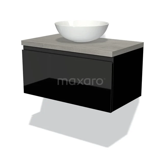 Modulo Plato Badmöbel mit Aufsatzwaschbecken | 80 cm Hochglanz Schwarz Grifflos front Graue Eiche blatt 1 Schublade BMK11-00980 Zwevende schwarze Badmöbelset mit Betonlook Platte und weißem ovalen Aufsatzwaschbecken, modernes Design für Badezimmer.