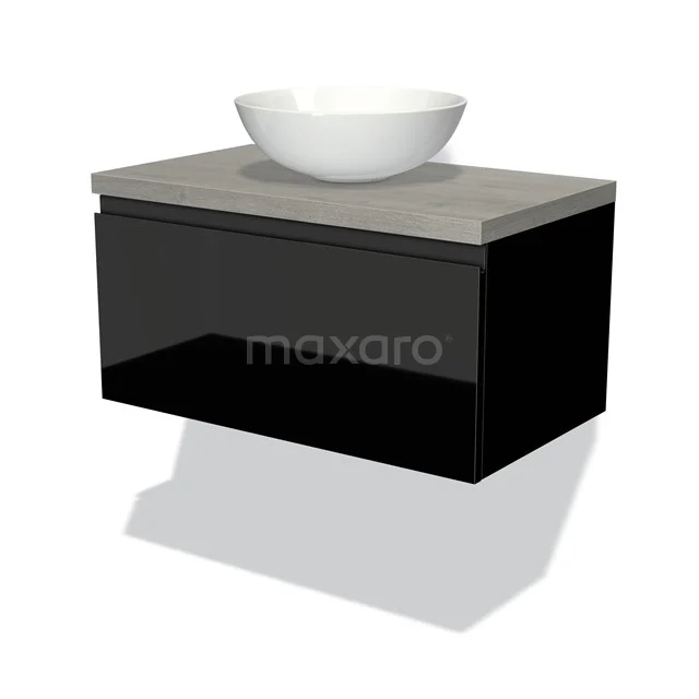 Zwevende schwarze Badmöbelset mit Betonlook Platte und weißem ovalen Aufsatzwaschbecken, modernes Design für Badezimmer.