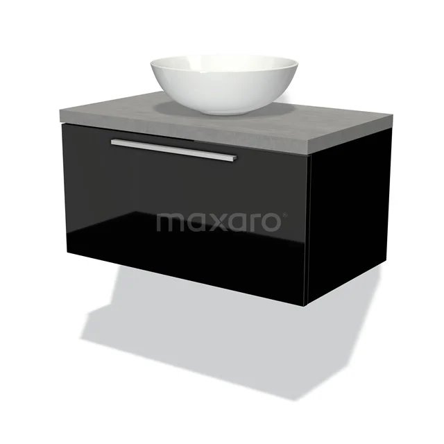 Schwarzer hängender Badschrank mit grauer Waschtischplatte und weißem komfömigen Waschbecken, modernes Design und glänzende Oberfläche.