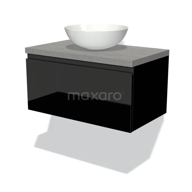 Modulo Plato Vanity units for countertop basin | 80 cm High-gloss black Handle-less front Light grey concrete worktop 1 drawer BMK11-00983
