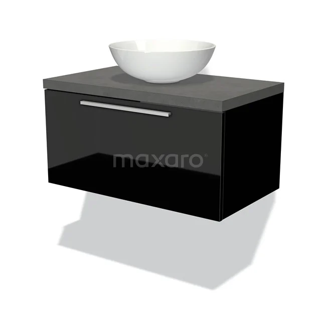 Badmöbel für Waschtischunterschrank mit Konsole 80cm Modulo Plato Hochglanz Schwarz 1 Schublade Flach Dunkelgrau Beton Platte BMK11-00984 Schwarze Badmöbel mit hängendem Design, gläserner Waschtischplatte und weißer Schüssel, ideal für einen modernen Badezimmerstil.
