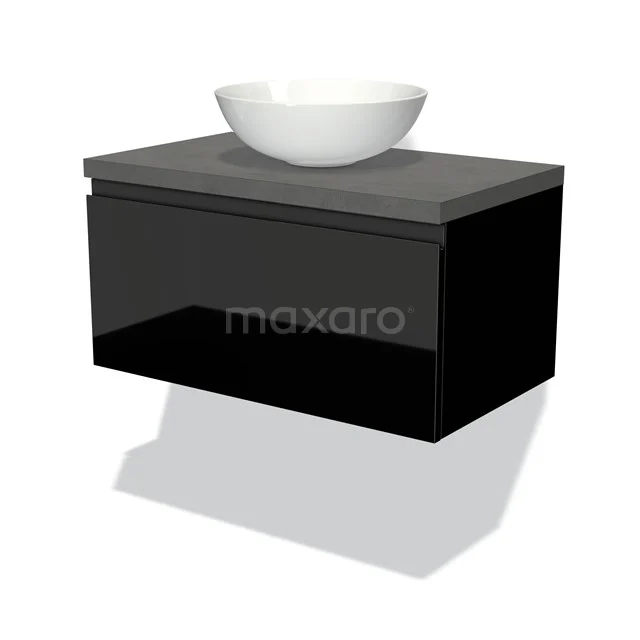 Modulo Plato Vanity units for countertop basin | 80 cm High-gloss black Handle-less front Dark grey concrete worktop 1 drawer BMK11-00986