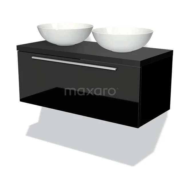 Modulo Plato Badmöbel mit Aufsatzwaschbecken | 100 cm Hochglanz Schwarz Flach front Matt Schwarz blatt 1 Schublade BMK11-00987 Schwarzes hängendes Badezimmermöbel mit zwei weißen Aufsatzwaschbecken, hochglänzender Oberfläche und metallischem Haltegriff.