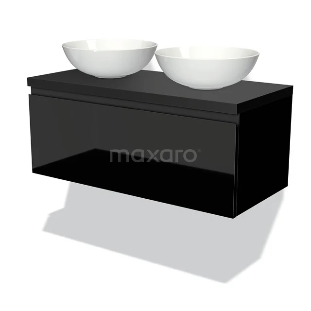 Schwarzes schwebendes Badmöbelset mit doppelten weißen Aufsatzwaschbecken, schlichtem Design und Hochglanzoberfläche.