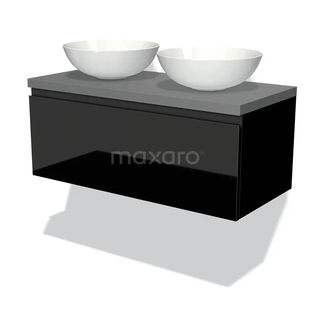 Zweites Badezimmermöbel Schwarz mit Grau Platte und doppelten weißen Aufsatzwaschbecken, strakes Design in lackierter Ausführung.