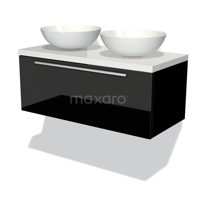Modulo Plato Badmöbel mit Aufsatzwaschbecken | 100 cm Hochglanz Schwarz Flach front Hochglanz Weiß blatt 1 Schublade BMK11-00993 Schwarzes schwebendes Badmöbel mit zwei weißen Aufsatzwaschbecken, Hochglanzfinish und breiter Schublade.