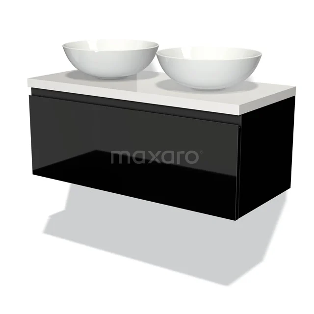 Modulo Plato Badmöbel mit Aufsatzwaschbecken | 100 cm Hochglanz Schwarz Grifflos front Hochglanz Weiß blatt 1 Schublade BMK11-00995 Schwarzes hängendes Badezimmermöbel mit weißem Doppelwaschbecken, modernes Design, glattes Oberfläche und glänzende Verarbeitung.