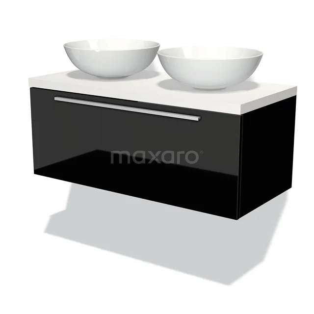 Modulo Plato Badmöbel mit Aufsatzwaschbecken | 100 cm Hochglanz Schwarz Flach front Matt Weiß blatt 1 Schublade BMK11-00996 Schwarzes hängendes Badezimmermöbel mit zwei weißen Aufsatzwaschbecken, minimalistisches Design und glänzende Verarbeitung.