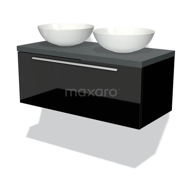 Schwarzes schwebendes Waschtischmöbel mit zwei weißen Aufsatzwaschbecken und Chrom Haltegriff, ideal für einen modernen Badezimmerstil.