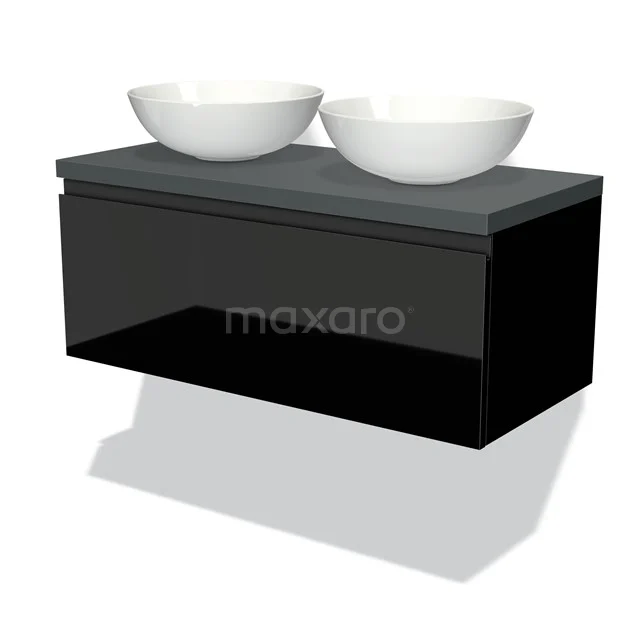 Modulo Plato Vanity units for countertop basin | 100 cm High-gloss black Handle-less front Dark grey worktop 1 drawer BMK11-01001
