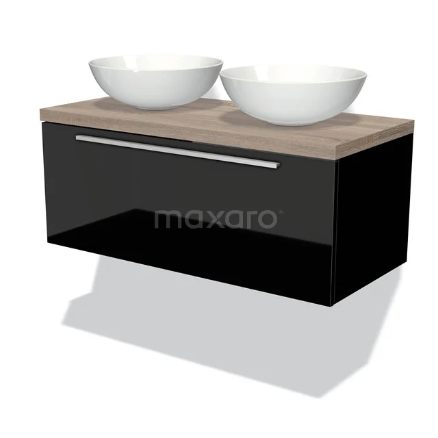 Schwarzer schwebender Badschrank mit Holzlook Platte und zwei weißen Aufsatzwaschbecken, modernes Design und elegante Verarbeitung.