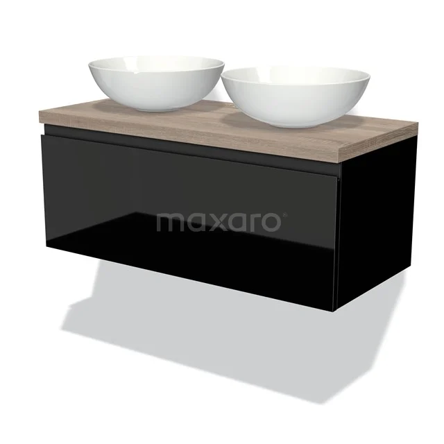 Badmöbel für Waschtischunterschrank mit Konsole 100cm Modulo Plato Hochglanz Schwarz 1 Schublade grifflos Eiche Platte BMK11-01004 Schwarze Badmöbelset mit Holzlook Platte und doppelten weißen Aufsatzwaschbecken, modernes Design für stilvolle Badezimmergestaltung.