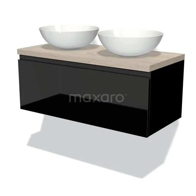 Zweites Badezimmermöbel Schwarz glänzend, Doppelwaschtischplatte aus Holz mit zwei weißen Aufsatzwaschbecken, modernes Design.