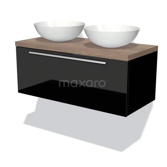 Waschtischunterschrank mit Konsole 100cm Modulo Plato Hochglanz Schwarz 1 Schublade Flach Mittelbraune Eiche Platte BMK11-01011 Schwarzes Holz-Badmöbel mit zwei weißen runden Aufsatzwaschbecken, modernes Design, ideal für eine stilvolle Badezimmer Einrichtung.