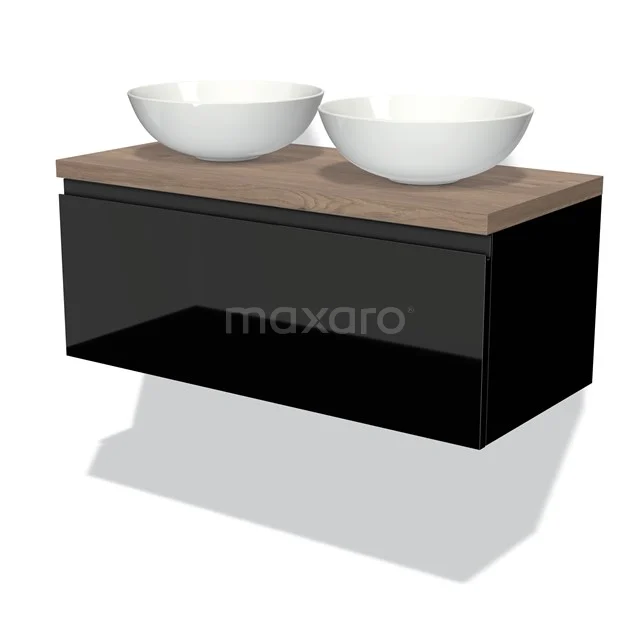 Zwevende schwarze Waschbeckenunterschrank mit Holzplatte und zwei weißen Aufsatzwaschbecken, ideal für ein modernes Badezimmer.