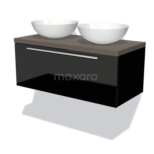 Schwarzes Badmöbel mit zwei weißen Aufsatzwaschbecken, Holzlook-Platte und moderner Designverarbeitung für stilvolle Bäder.