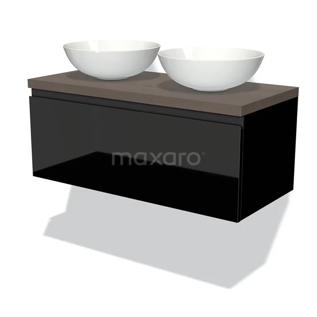 Modulo Plato Vanity units for countertop basin | 100 cm High-gloss black Handle-less front Dark brown oak worktop 1 drawer BMK11-01016
