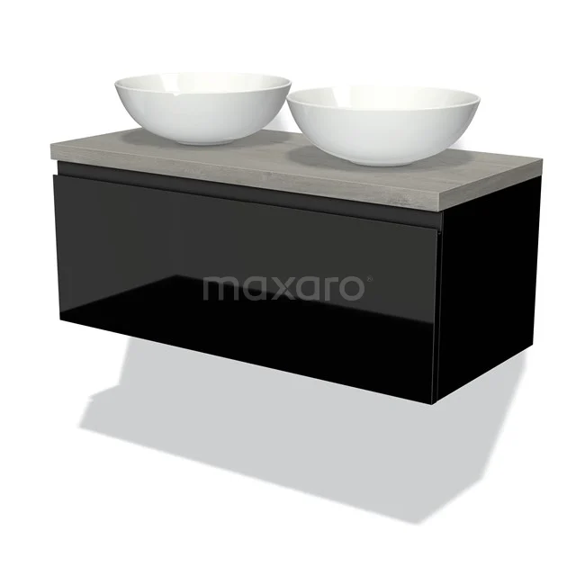 Modulo Plato Vanity units for countertop basin | 100 cm High-gloss black Handle-less front Grey oak worktop 1 drawer BMK11-01019