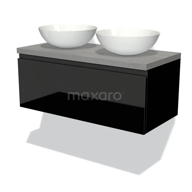 Badmöbel für Waschtischunterschrank mit Konsole 100cm Modulo Plato Hochglanz Schwarz 1 Schublade Grifflos hellgrauer Beton Platte BMK11-01022 Schwarzes schwebendes Badmöbel mit Betonlook Platte und zwei weißen Aufsatzwaschbecken, modernes Design für stilvolle Bäder.