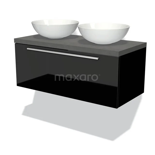 Schwarze schwebende Badmöbel mit glänzendem Schublade, graue Platte und zwei weißen Aufsatzwaschbecken, modernes Design.