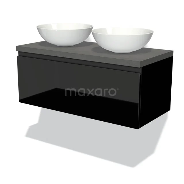 Modulo Plato Vanity units for countertop basin | 100 cm High-gloss black Handle-less front Dark grey concrete worktop 1 drawer BMK11-01025