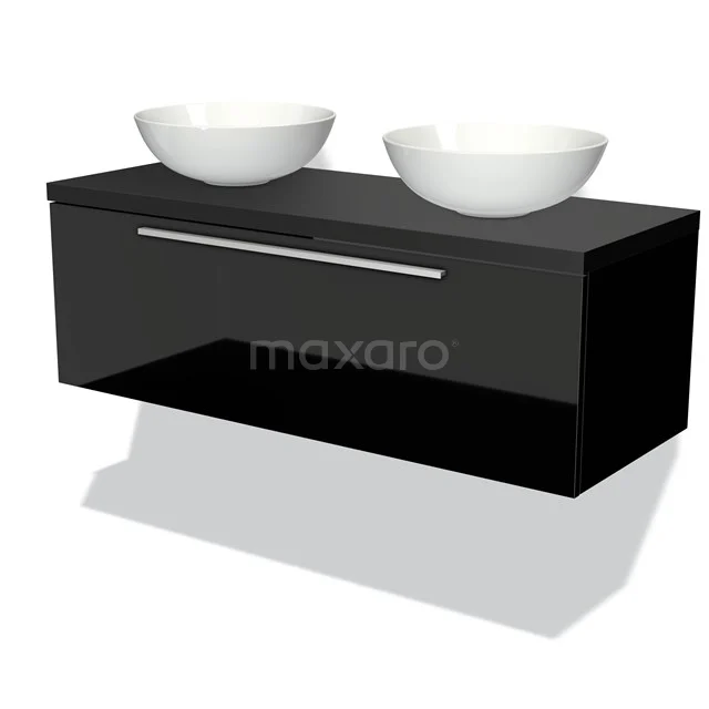 Black bathroom unit with high-gloss finish, two white countertop wash basins and a metal handle, ideal for modern bathrooms.
